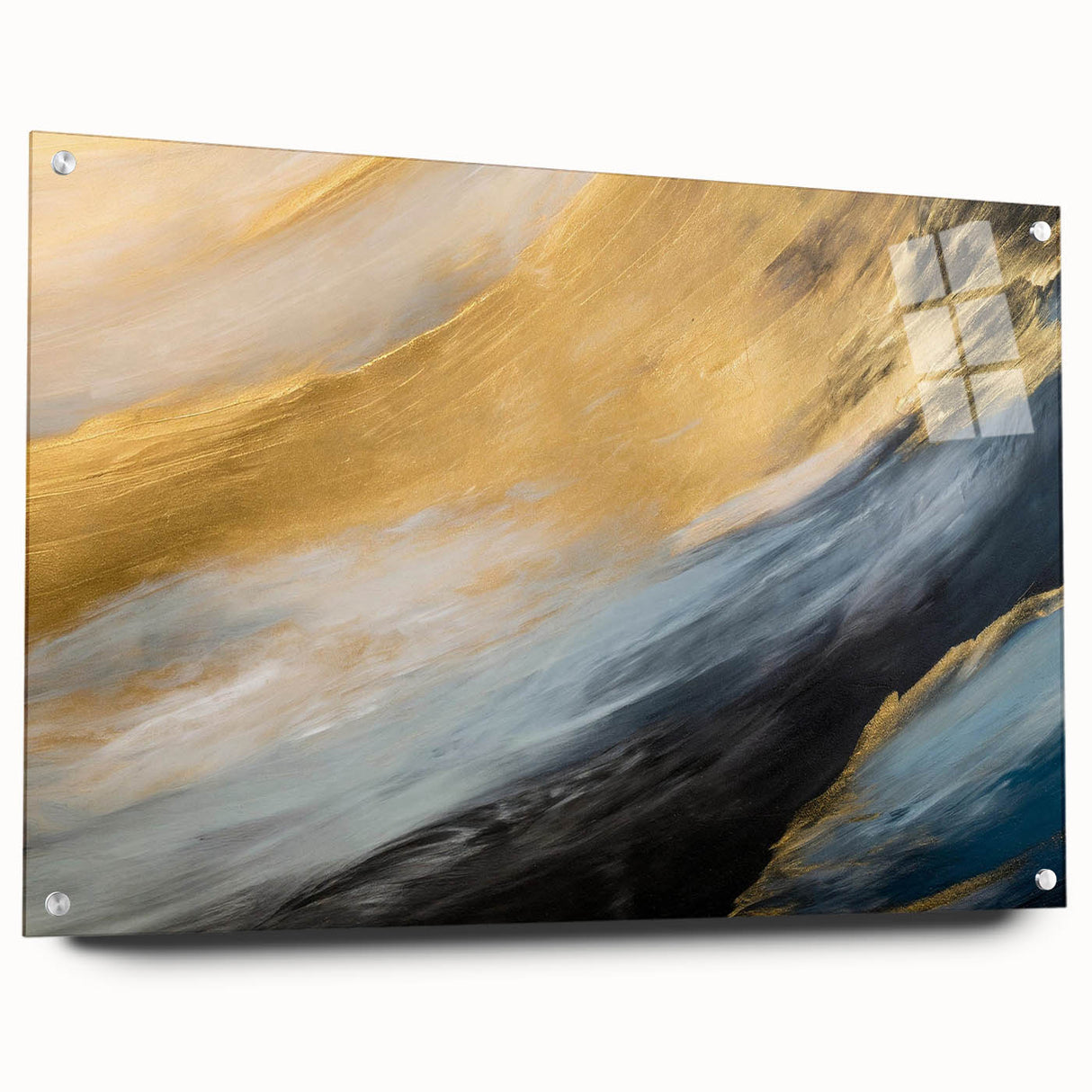 Abstract landscape wall art design featuring vibrant colors and fluid shapes, displayed in an acrylic glass frame with mounting pins for a modern aesthetic.