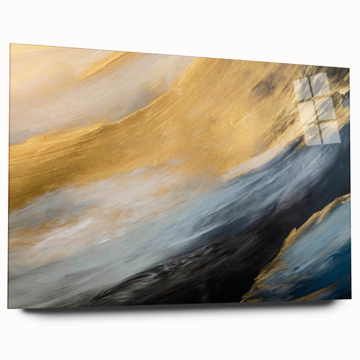 Side view of an abstract landscape wall art piece, showcasing vibrant colors and fluid shapes, displayed in a sleek acrylic glass frame.