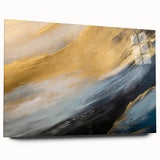 Side view of an abstract landscape wall art piece, showcasing vibrant colors and fluid shapes, displayed in a sleek acrylic glass frame.