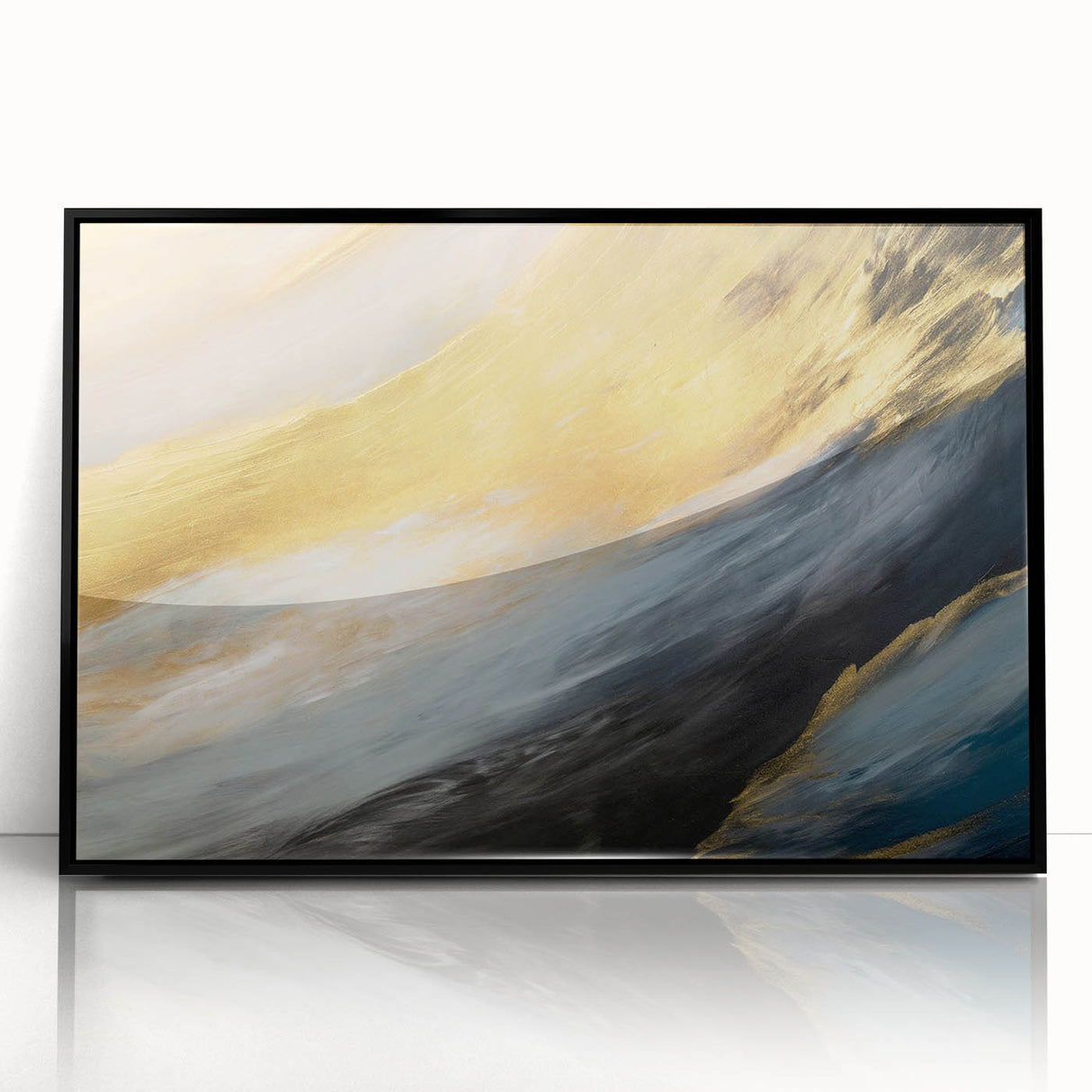 Framed abstract landscape wall art in black acrylic, showcasing vibrant colors and fluid forms, perfect for modern decor enhancement.