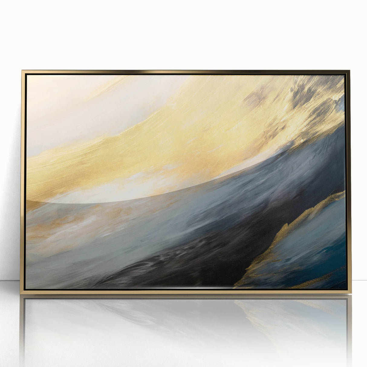 Framed abstract landscape wall art design featuring rich gold accents, ideal for modern decor, showcased in a sleek acrylic frame.