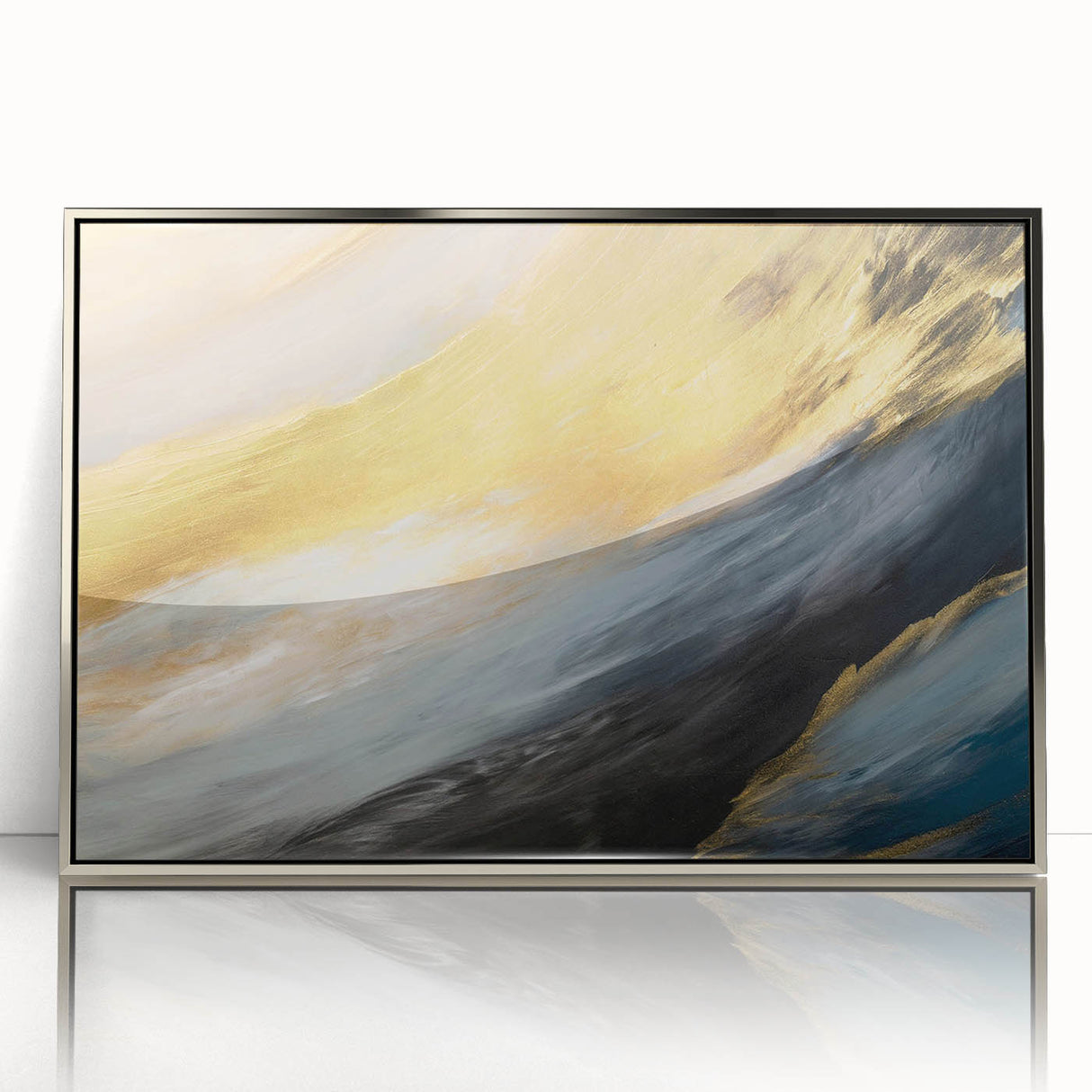 Framed abstract landscape wall art design in silver, showcasing vibrant colors and modern geometric patterns, ideal for contemporary decor.