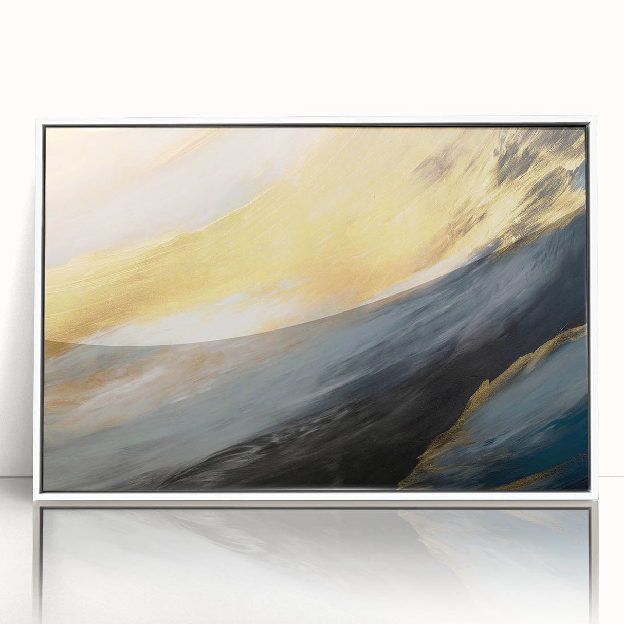 Framed abstract landscape wall art in a white frame, showcasing vibrant colors and dynamic shapes, perfect for modern home decor.