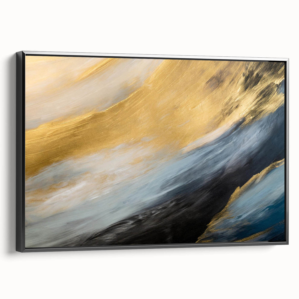 Framed abstract landscape wall art collection showcasing vibrant colors and textured layers, elegantly displayed in a sleek black frame.