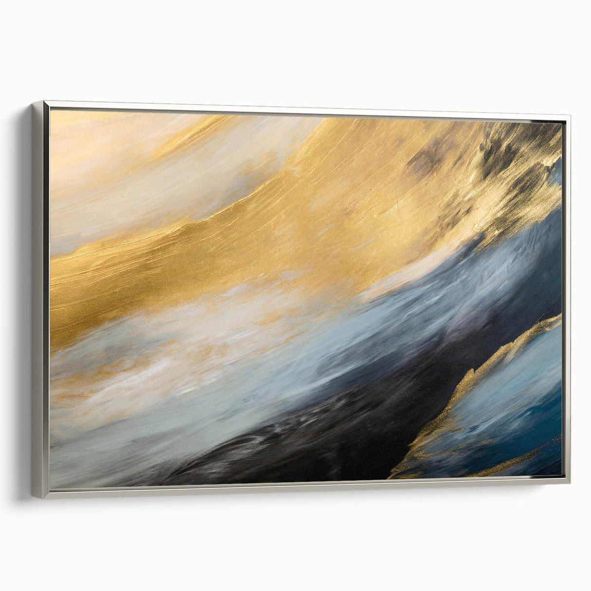 Framed abstract landscape wall art design showcasing vibrant colors and textures, presented with a sleek silver frame for modern decor.