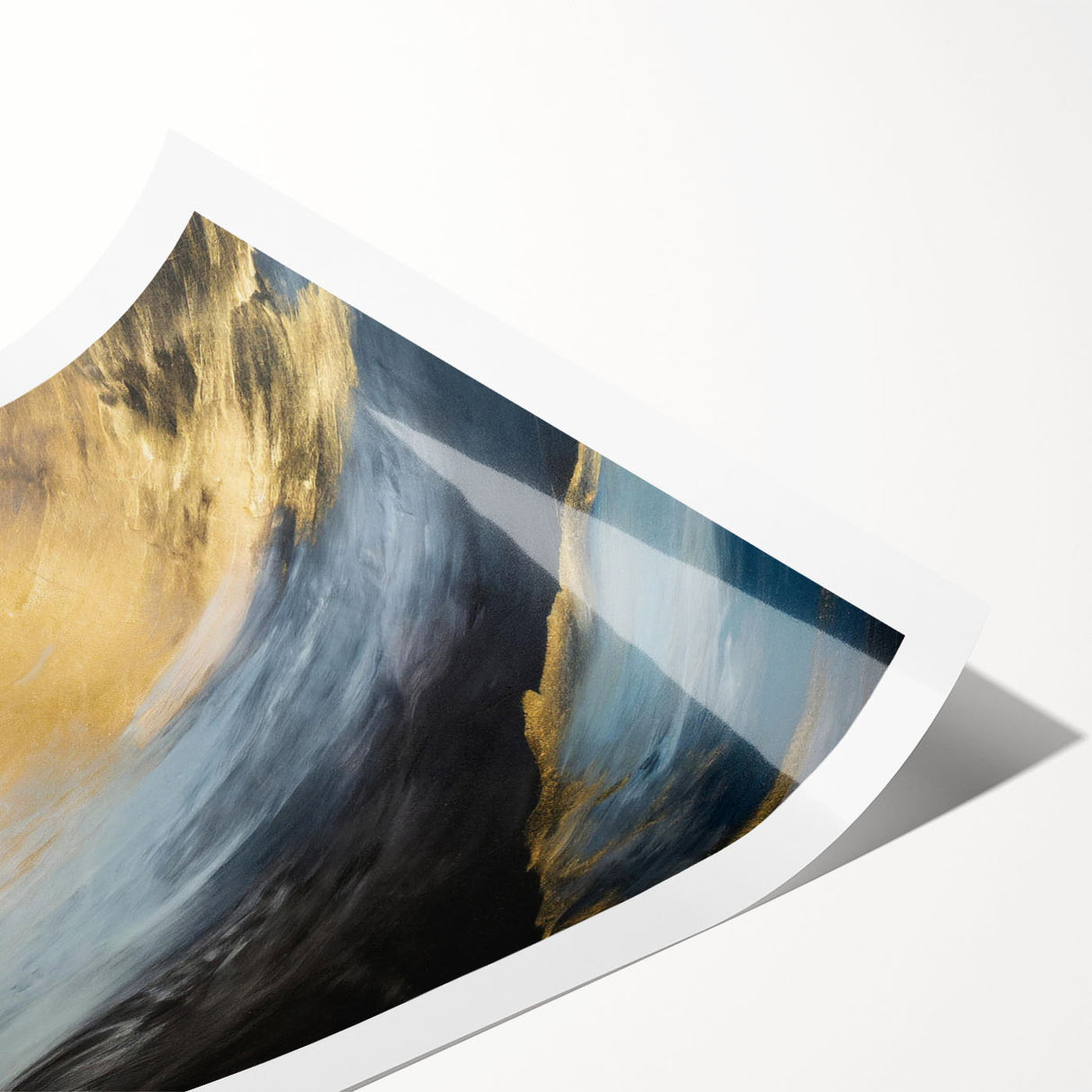 Abstract landscape wall art print in vibrant hues of blue and orange, showcasing a dynamic, fluid design ideal for modern home decor.