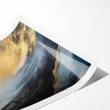 Abstract landscape wall art print in vibrant hues of blue and orange, showcasing a dynamic, fluid design ideal for modern home decor.