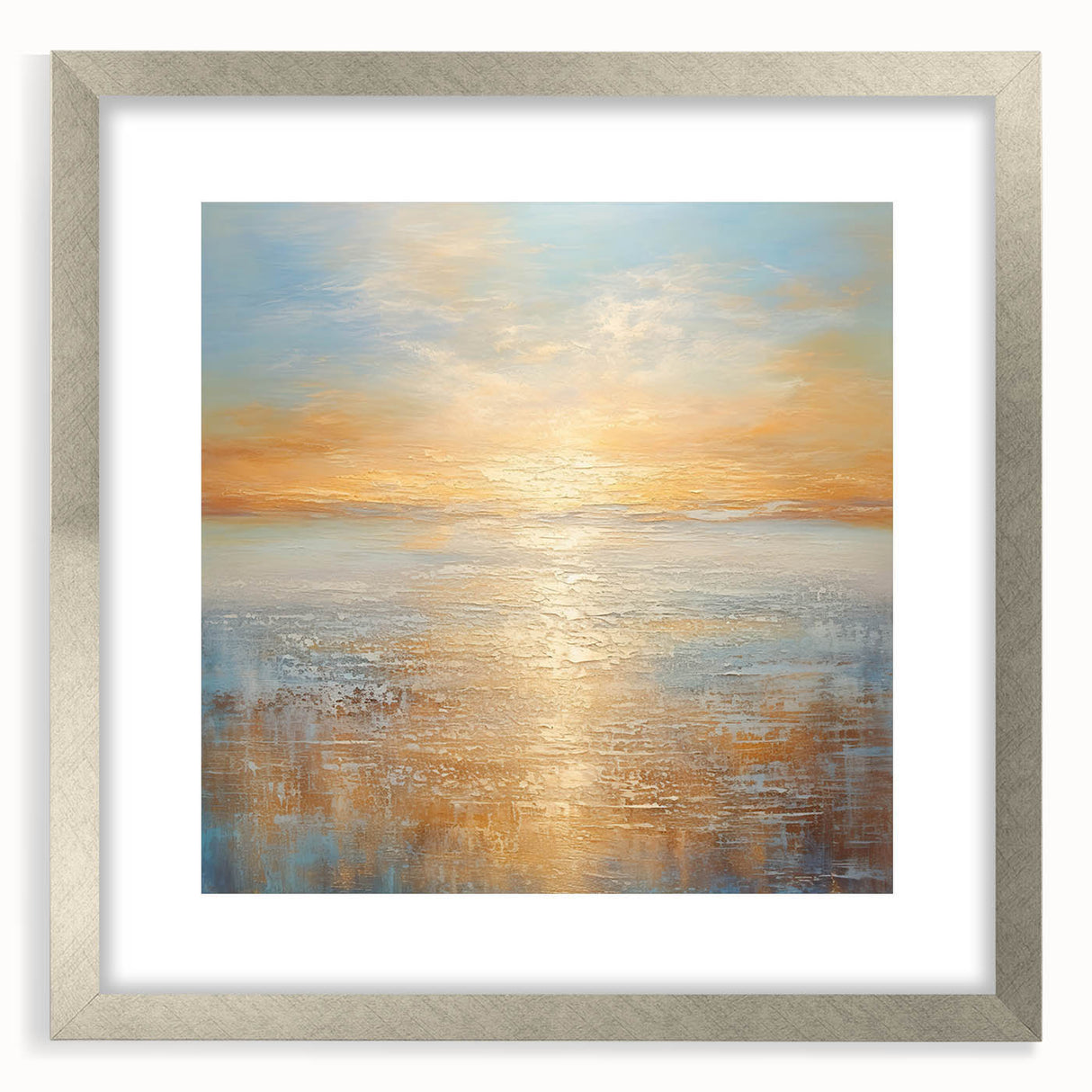 Framed abstract landscape wall art featuring serene colors in a silver mat, ideal for enhancing modern home decor aesthetics.