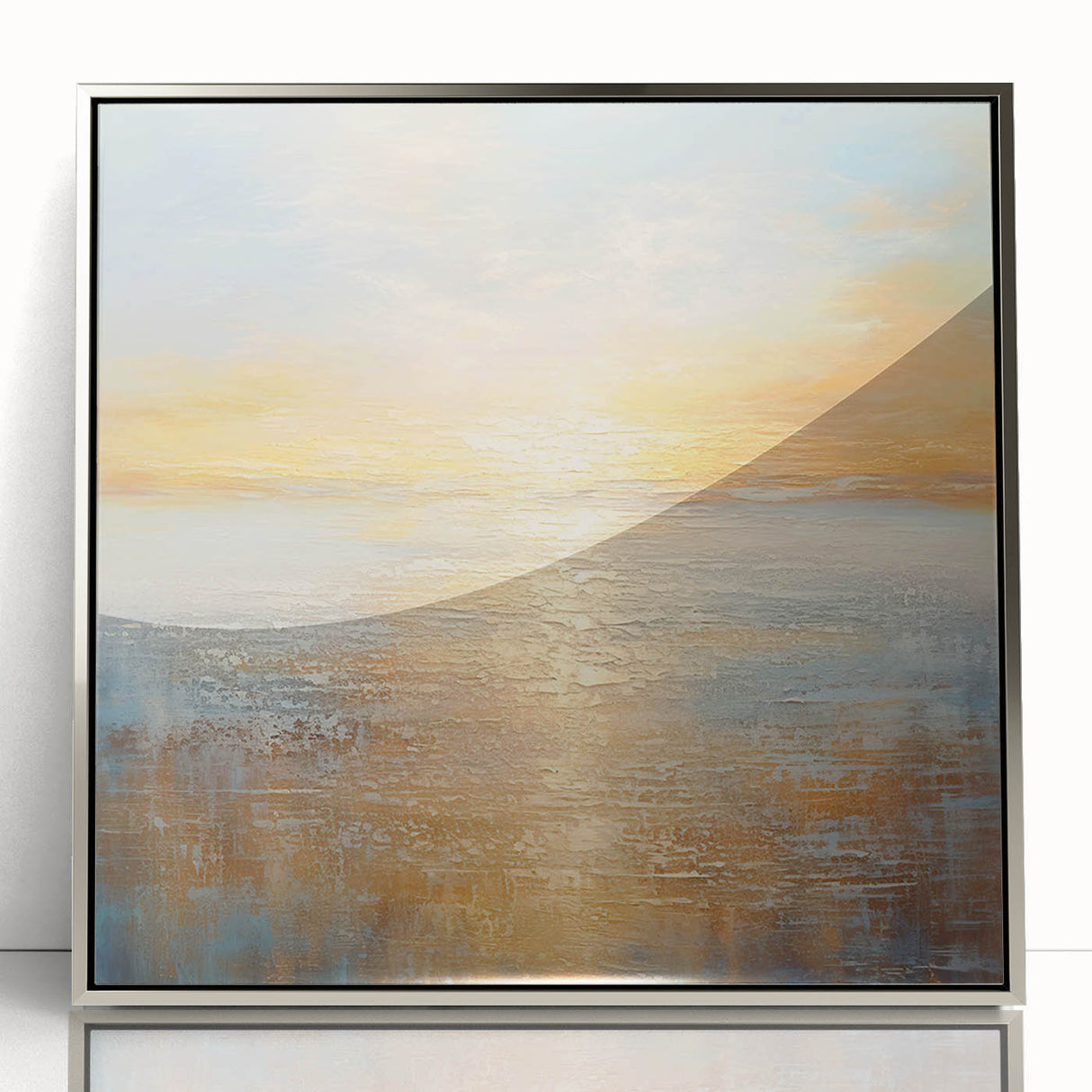 Framed abstract landscape wall art in silver frame, showcasing vibrant colors and fluid shapes, perfect for modern home decor.