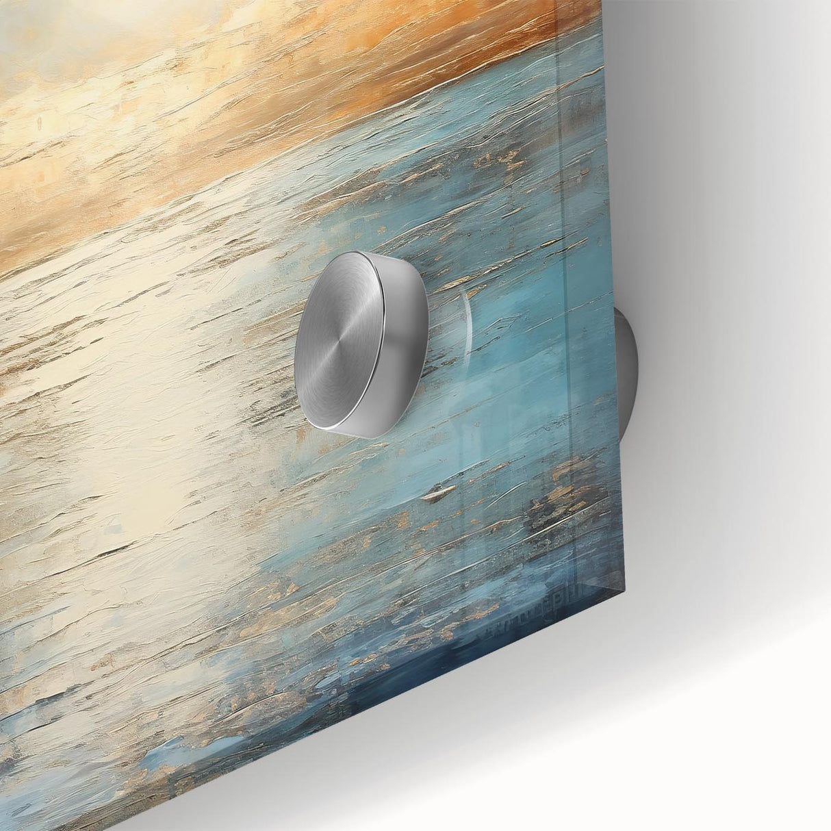 Close-up of an abstract landscape wall art piece, showcasing vibrant colors and fluid designs on acrylic glass, perfect for modern decor.