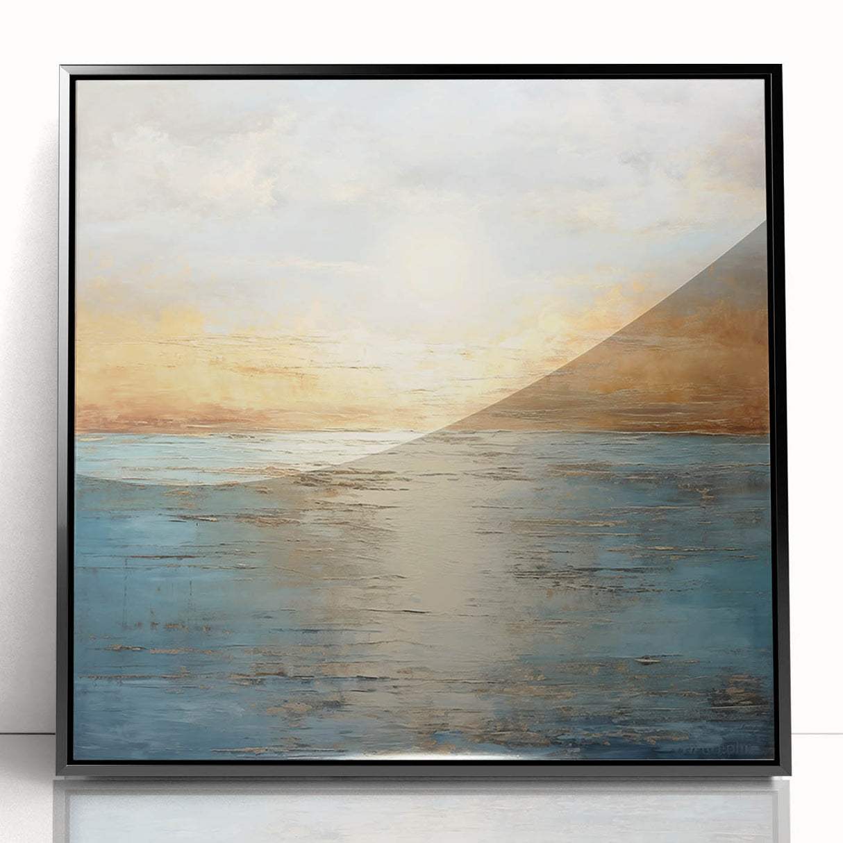 Framed abstract landscape wall art in black acrylic, showcasing earthy tones and flowing shapes, perfect for modern home decor.