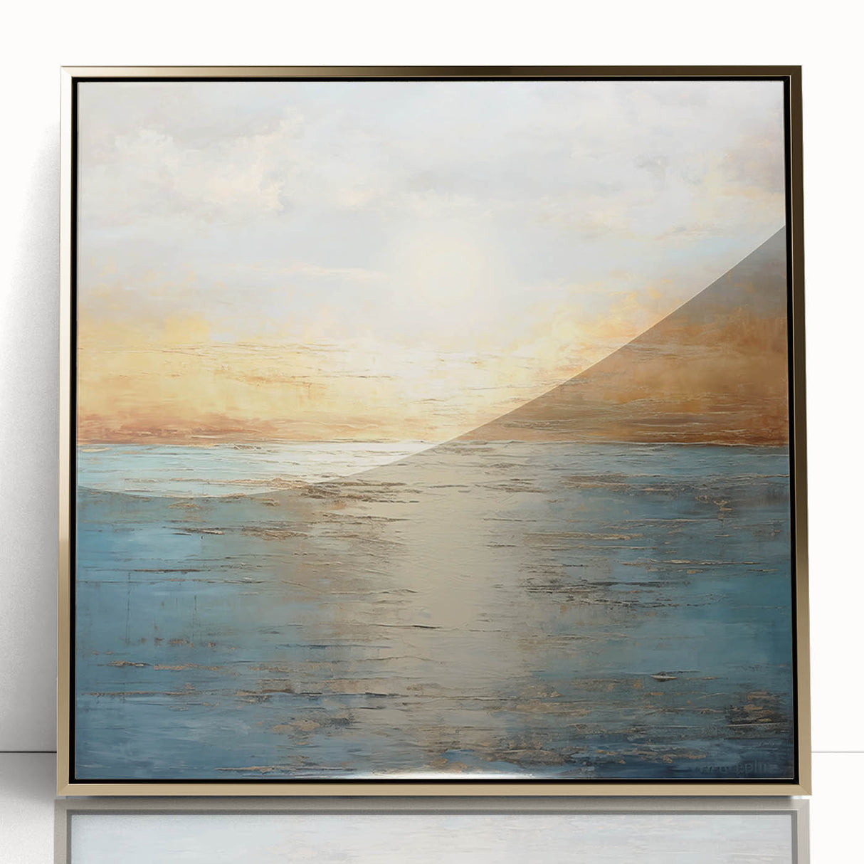 Framed abstract landscape wall art in gold and black tones, showcasing a modern design with elegant acrylic finish, perfect for home decor.