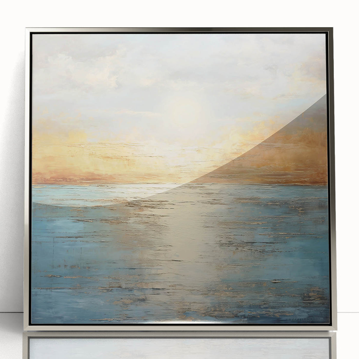 Framed abstract landscape wall art featuring vibrant colors and fluid shapes, set in a sleek silver frame, perfect for modern decor.