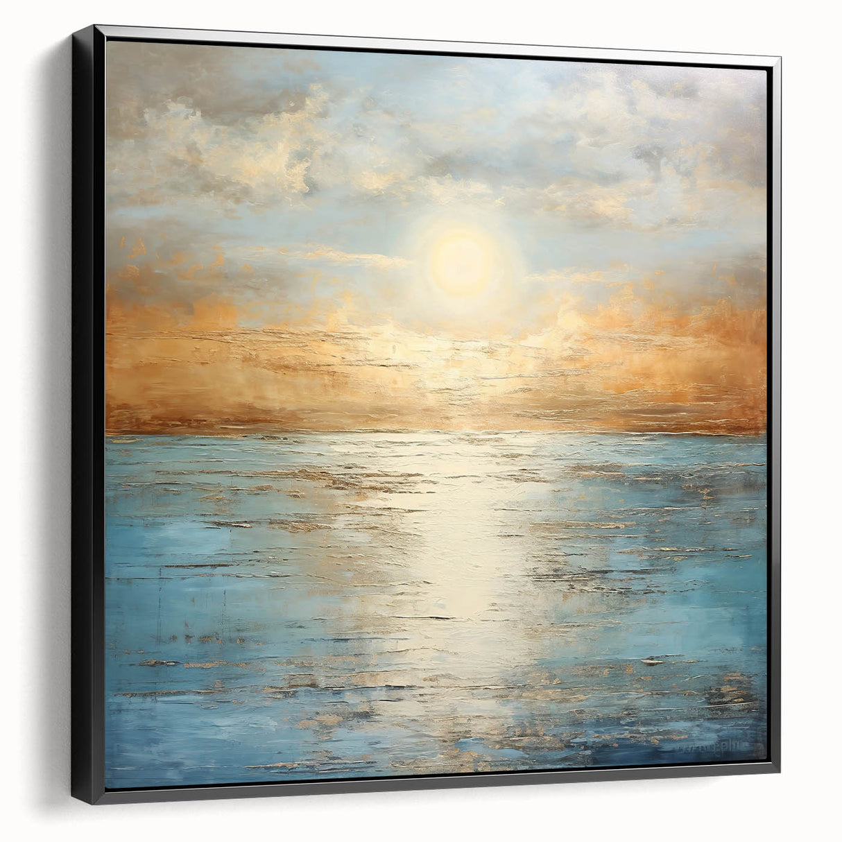 Framed abstract landscape wall art featuring vibrant colors and dynamic shapes, displayed in a sleek black frame against a neutral backdrop.