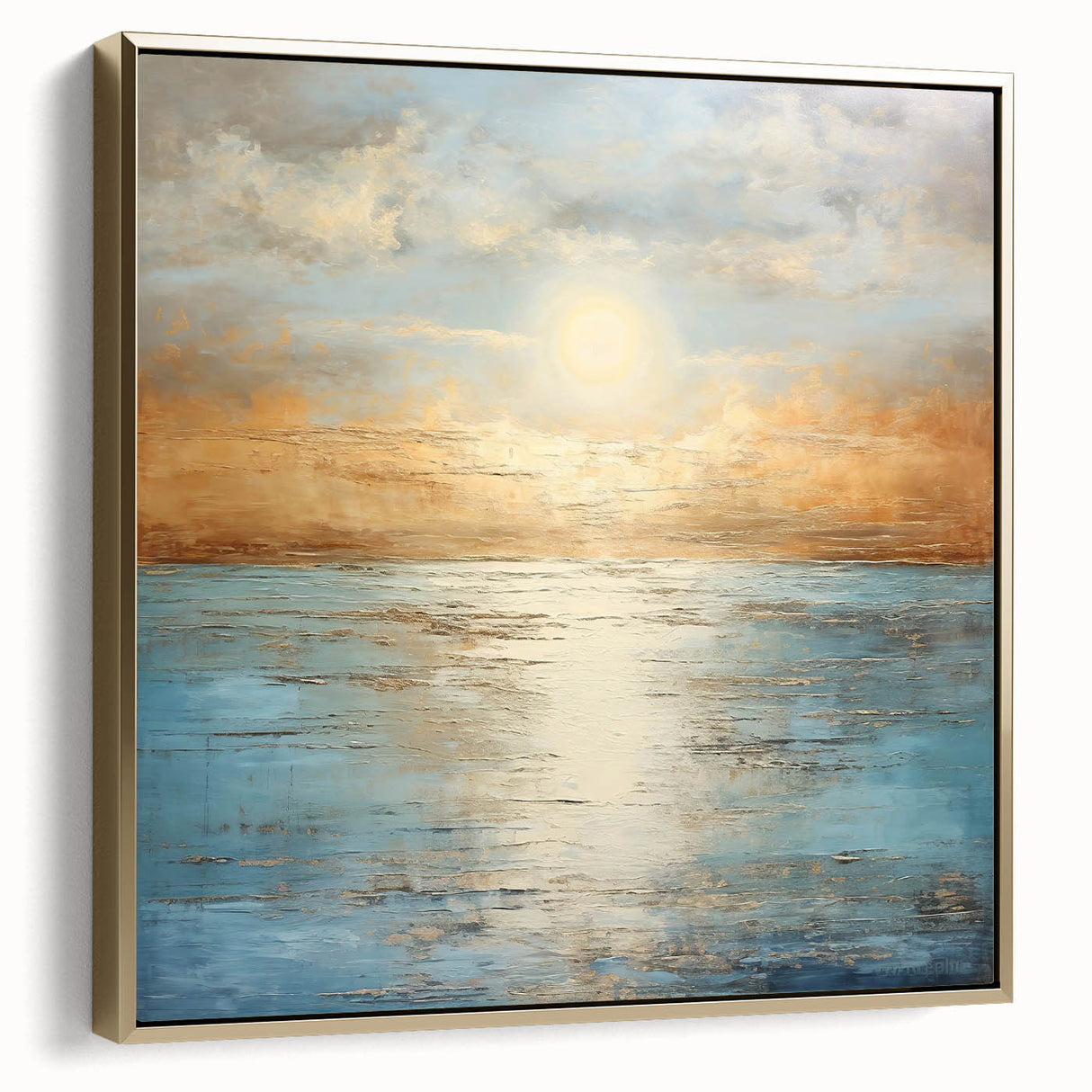 Framed abstract landscape wall art featuring a gold-accented design, showcasing a vibrant color palette and modern aesthetic for contemporary decor.