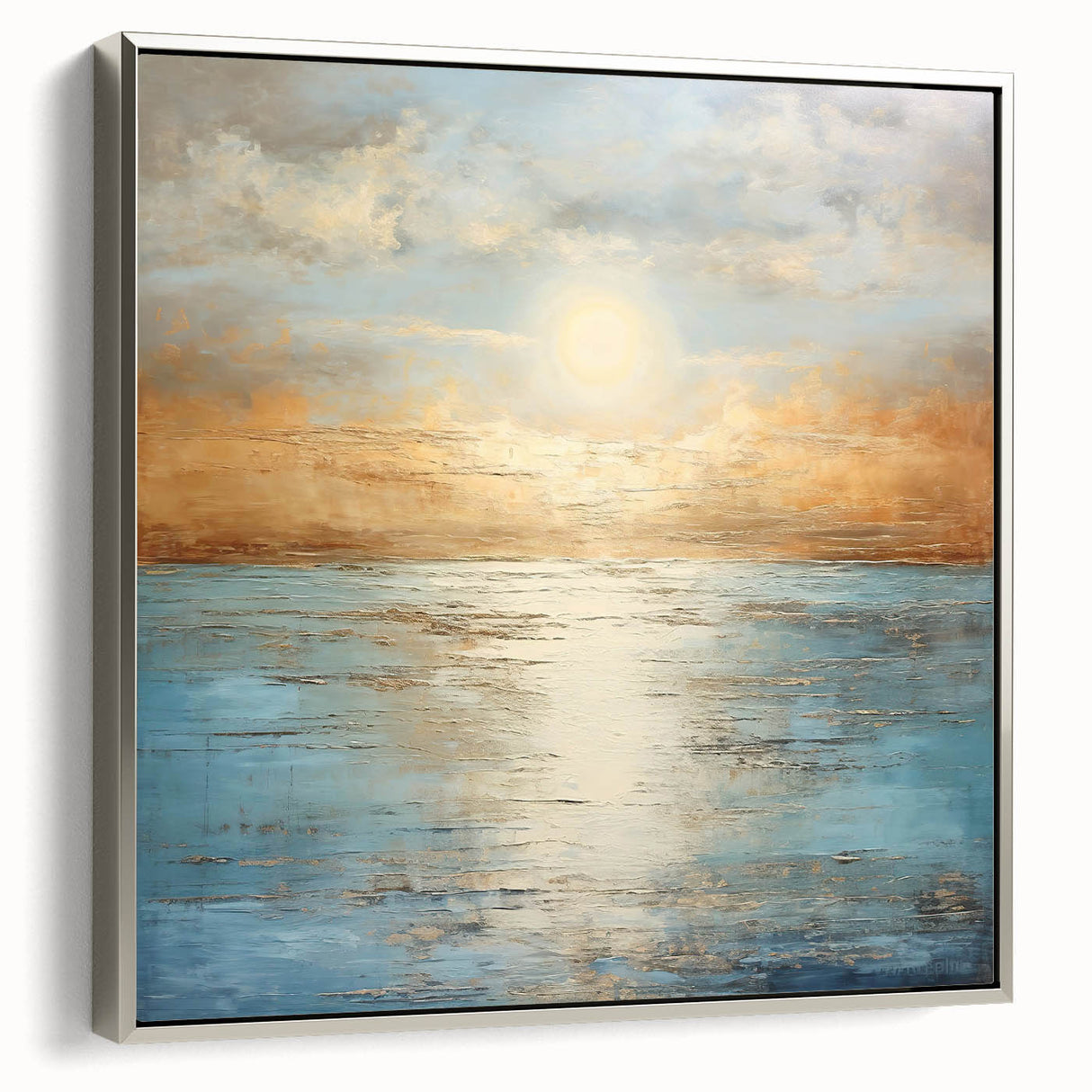 Framed abstract landscape wall art collection showcasing a serene design in soft colors, featuring a stylish silver frame and side view.