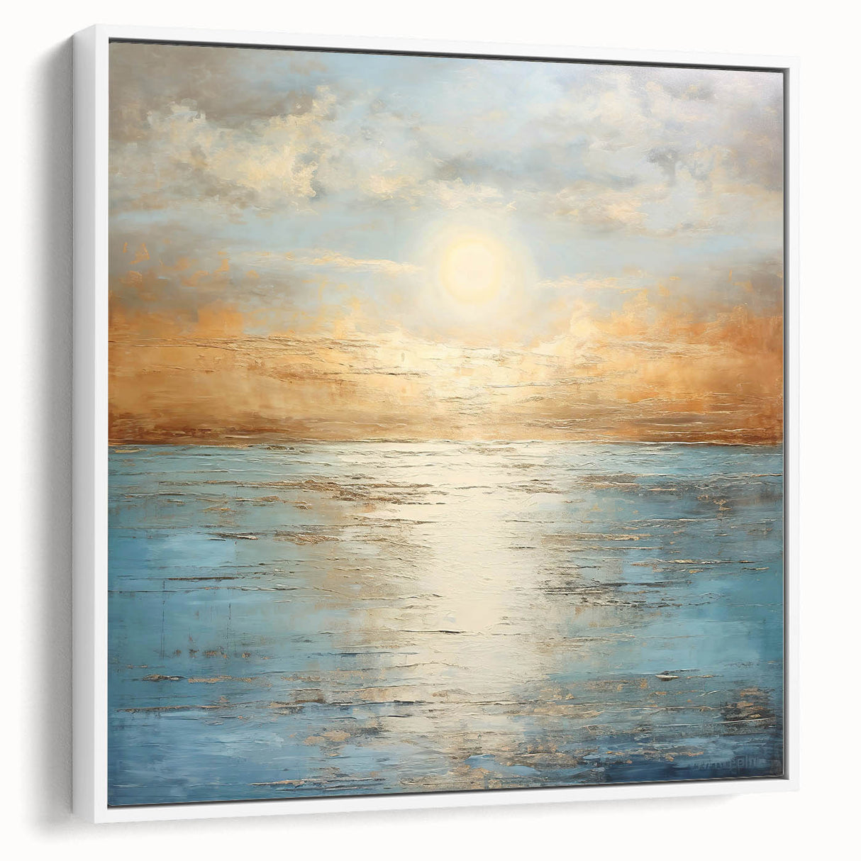 Framed abstract landscape wall art collection showcasing vibrant colors and modern design, presented in a sleek white frame, side view.