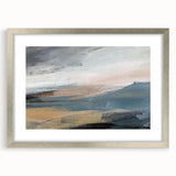 Framed abstract landscape wall art in a silver frame, showcasing a colorful design with soft hues of blue, green, and gold, perfect for modern decor.