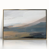 Framed abstract landscape wall art in gold acrylic, showcasing vibrant colors and fluid shapes, perfect for modern home decor.