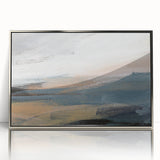 Framed abstract landscape wall art in silver acrylic, showcasing vibrant colors and fluid shapes, perfect for modern home decor.