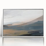 Framed abstract landscape wall art in a white frame, showcasing vibrant colors and fluid shapes, perfect for modern home decor.