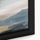 Close-up view of an abstract landscape wall art piece in a sleek black frame, showcasing vibrant colors and fluid brushstrokes, perfect for modern decor.