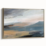 Framed abstract landscape wall art in gold, showcasing textured canvas and vibrant colors, ideal for modern home decor.