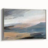 Framed abstract landscape wall art showcasing vibrant colors and dynamic brushstrokes, set in a sleek silver frame for modern decor.