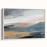 Framed abstract landscape wall art featuring vibrant colors and textured brush strokes, displayed in a sleek white frame, side view.