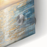 Close-up of vibrant abstract landscape wall art collection, showcasing swirling colors and textures in acrylic glass, ideal for modern decor.