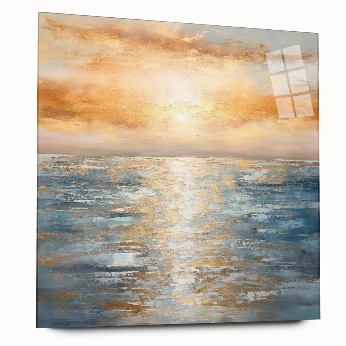 Abstract landscape wall art design featuring vibrant colors and fluid shapes, elegantly displayed in acrylic glass with a sleek side view, perfect for modern decor.