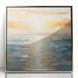 Framed abstract landscape wall art with vibrant gold accents, showcasing a modern design in a sleek frame against a neutral backdrop.