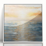 Framed abstract landscape wall art in a sleek white frame, showcasing vibrant colors and fluid shapes, perfect for modern home decor.