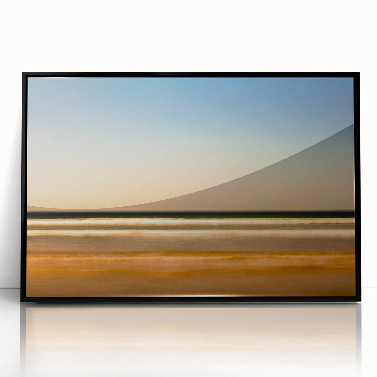 Framed abstract landscape wall art in a sleek black frame, showcasing vibrant colors and dynamic shapes, perfect for modern decor.