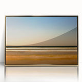 Framed abstract landscape wall art featuring vibrant gold accents, modern design elements, and a sleek acrylic front for stylish decor.