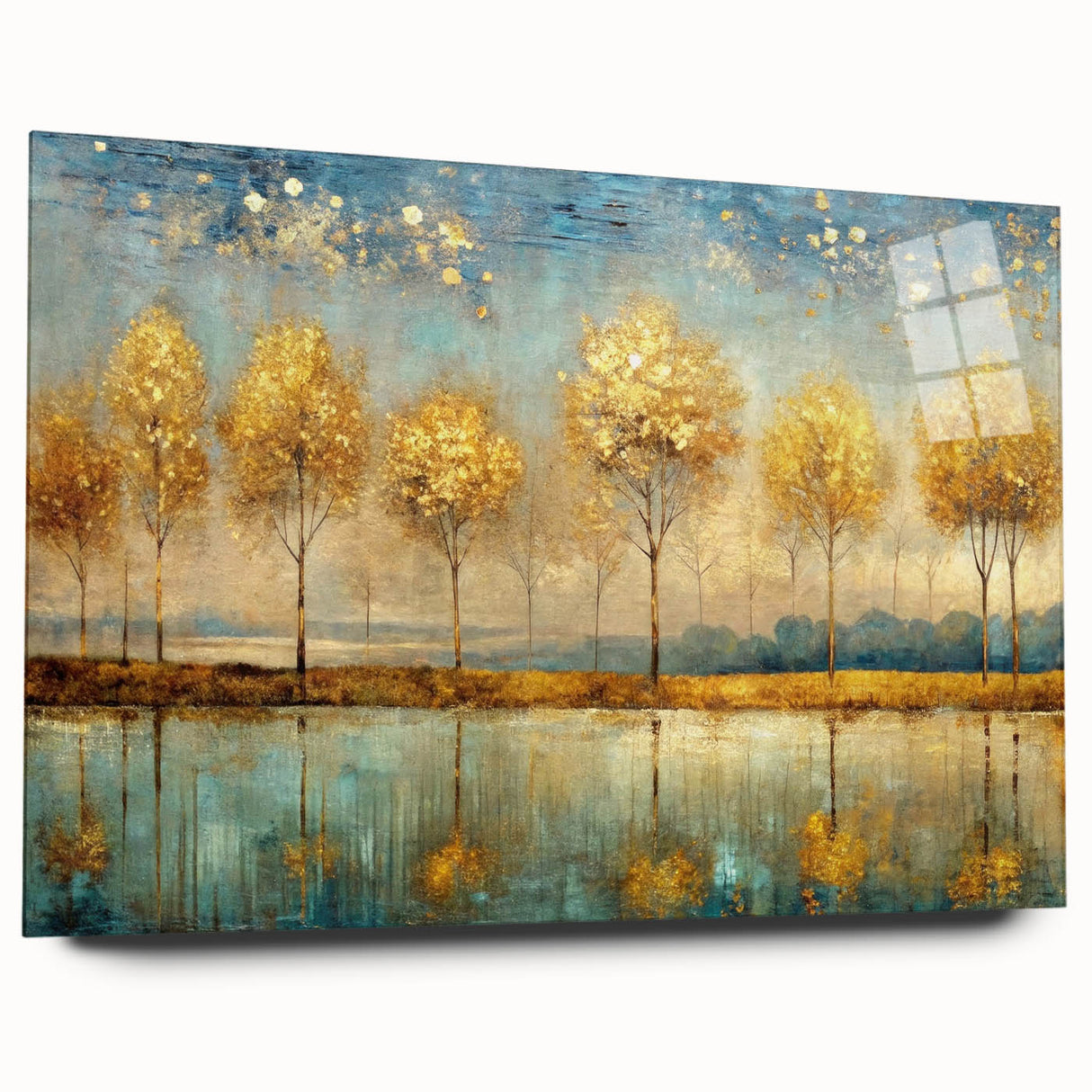 Abstract landscape wall art design showcasing vibrant colors and fluid shapes, presented in an acrylic glass frame that enhances depth and texture.