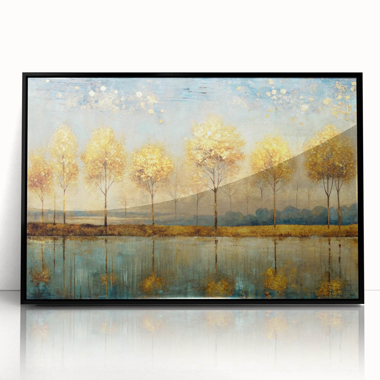 Framed abstract landscape wall art design in black, showcasing vibrant colors with a modern aesthetic, perfect for contemporary decor.
