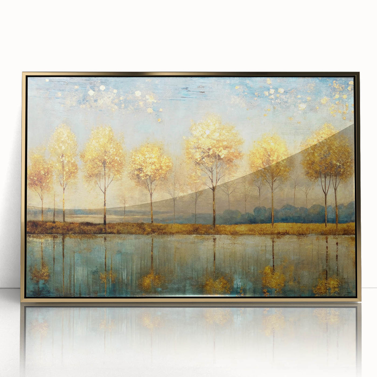 Framed abstract landscape wall art collection with vibrant gold accents, showcasing modern design elements and a sleek acrylic finish.