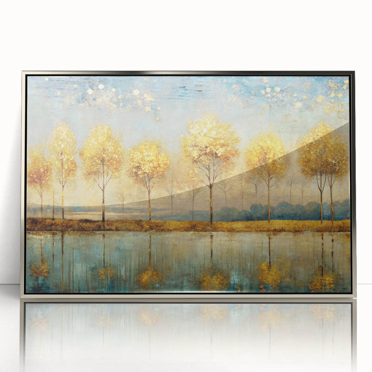 Framed abstract landscape wall art featuring vibrant colors and fluid designs, set in a sleek silver frame, perfect for modern decor.
