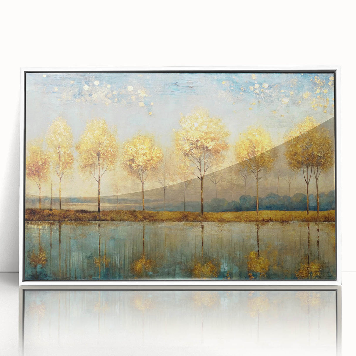 Framed abstract landscape wall art design showcasing vibrant colors and fluid shapes, set in a sleek white frame for modern decor.