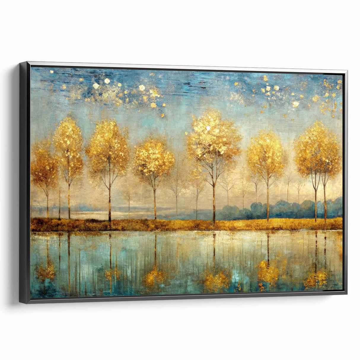 Framed abstract landscape wall art with vibrant colors and black edges, showcasing a modern design perfect for contemporary decor.