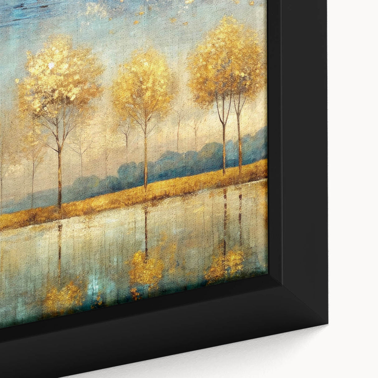 Close-up of a framed abstract landscape wall art piece showcasing vibrant colors and fluid brushstrokes, perfect for modern home decor.