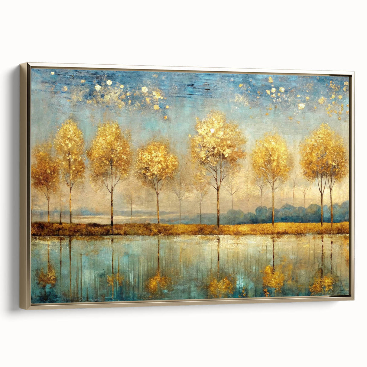 Framed abstract landscape wall art showcasing vibrant gold hues, modern design, and a sleek side profile, perfect for contemporary decor.