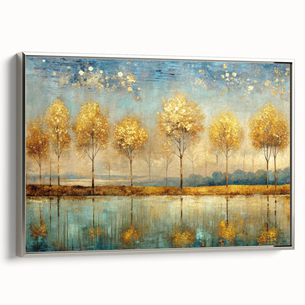 Framed abstract landscape wall art featuring a silver border, showcasing vibrant colors and textured details, ideal for modern decor.