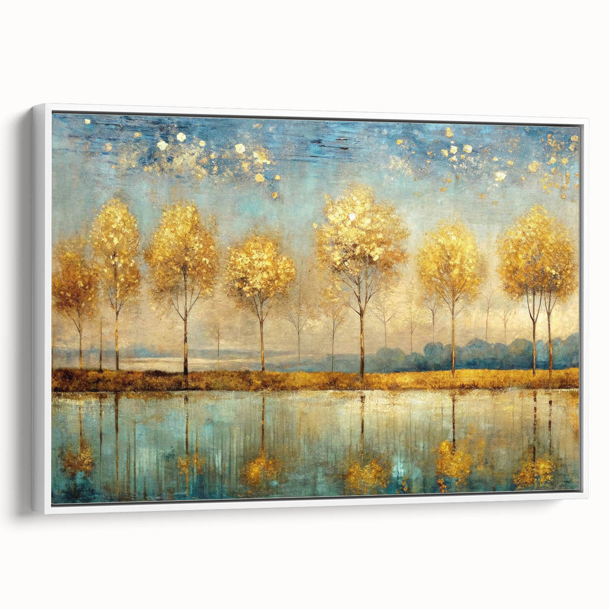 Framed abstract landscape wall art in a stylish white frame, showcasing vibrant colors and textured brush strokes, ideal for modern decor.