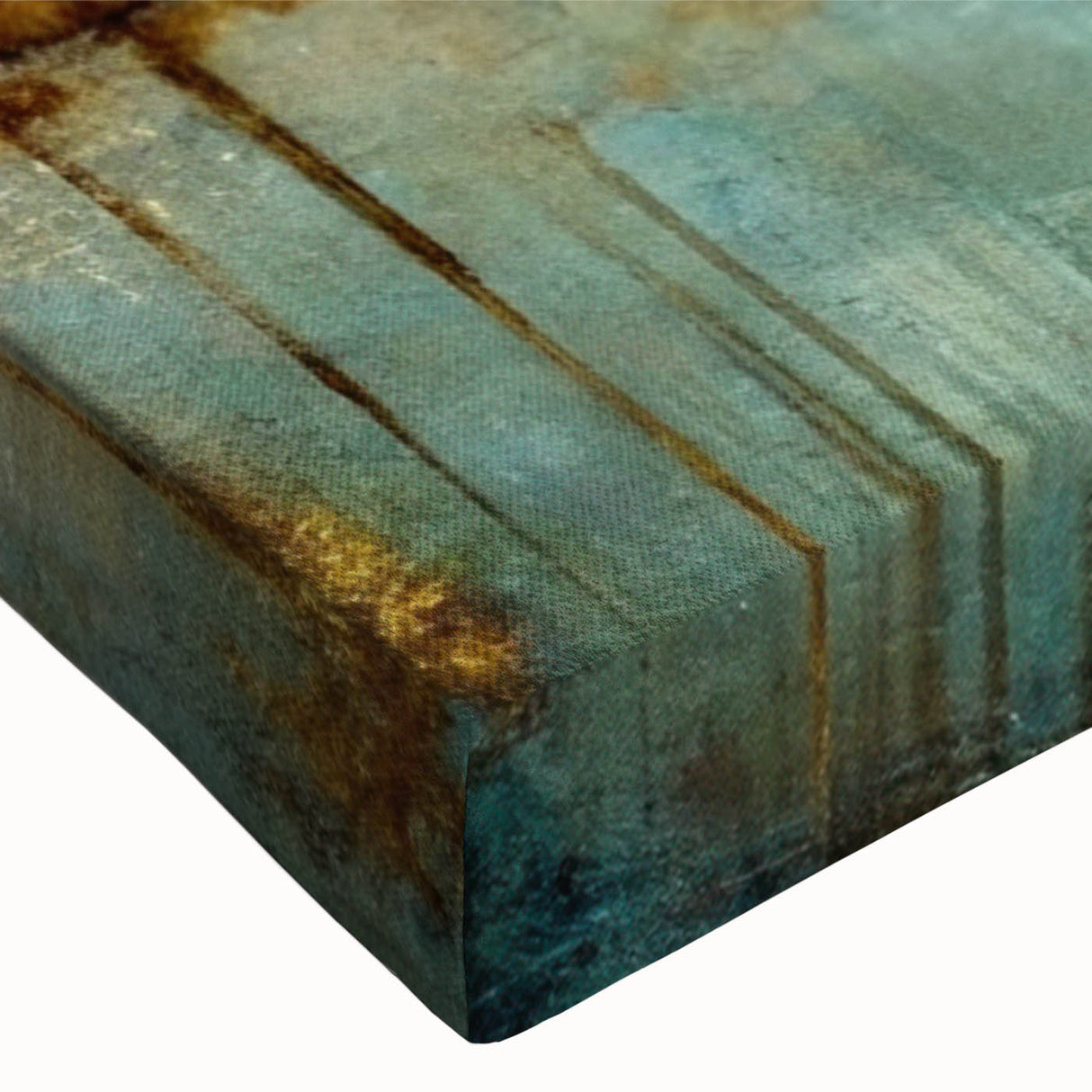 Close-up of a stretched canvas showcasing an abstract landscape design with vibrant colors and textured brush strokes, perfect for modern decor.