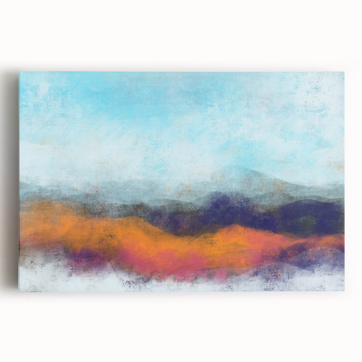 Vibrant abstract landscape wall art on stretched canvas, showcasing rich colors and fluid shapes, perfect for modern home decor.