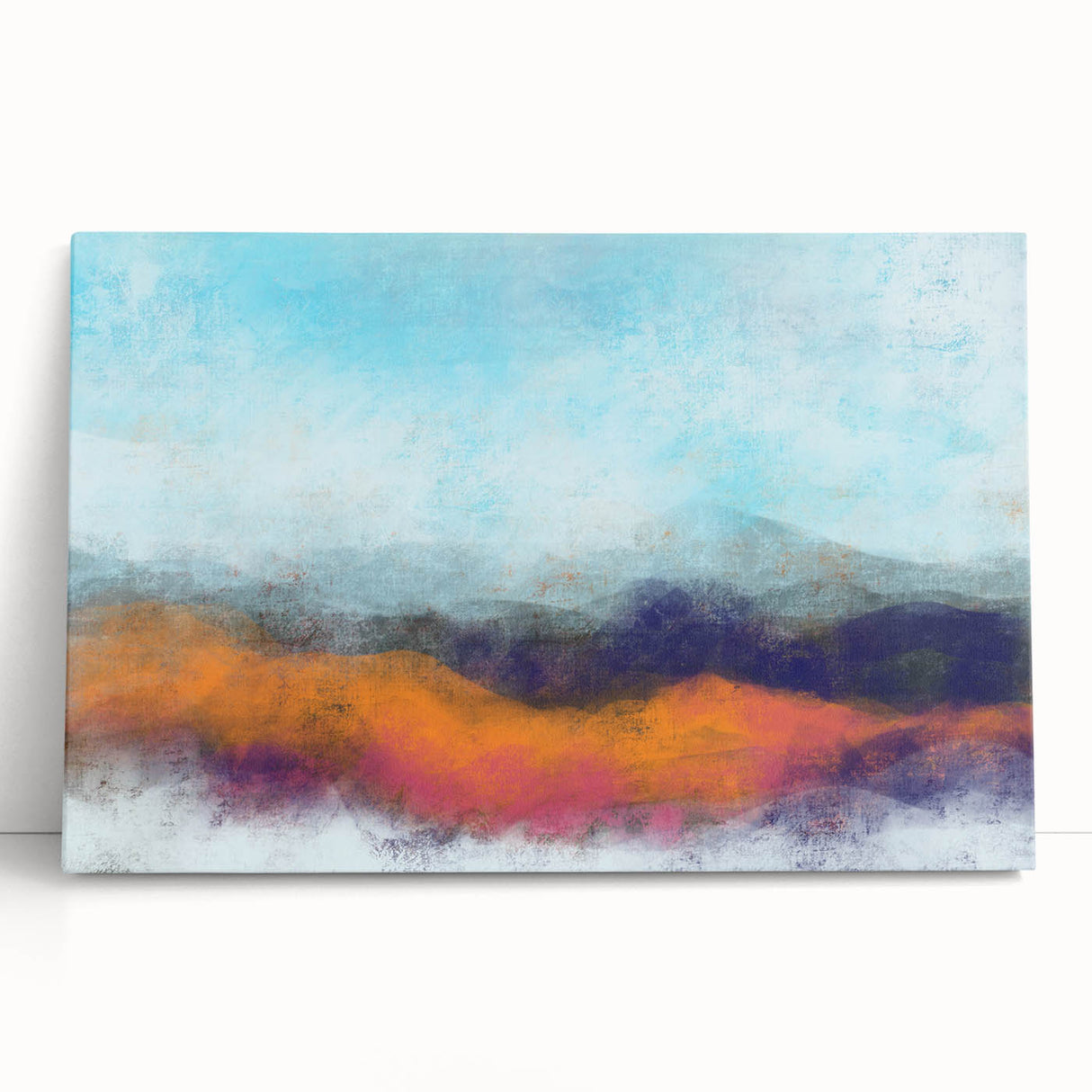 Abstract landscape wall art design showcasing vibrant colors and fluid shapes on a stretched canvas, leaning against a wall for modern decor.