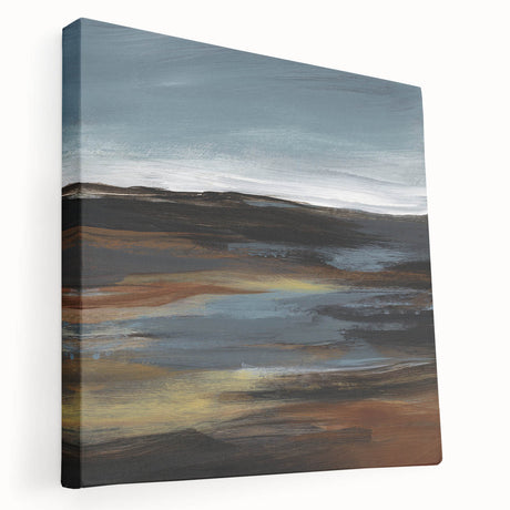 Stretched canvas wall art showcasing an abstract landscape design in vibrant colors, featuring layered textures and a modern aesthetic, ideal for home decor.