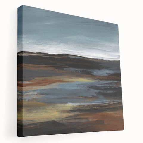 Stretched canvas wall art showcasing an abstract landscape design in vibrant colors, featuring layered textures and a modern aesthetic, ideal for home decor.